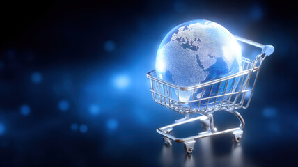 Glowing Earth sits in shopping cart, symbolizing global commerce and digital trade in futuristic setting. blue and black background enhances modern theme