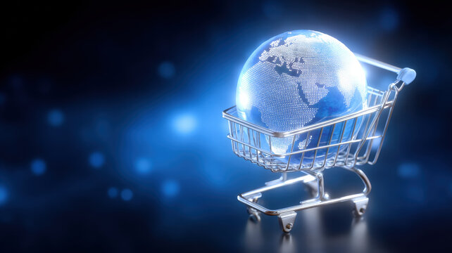 Glowing Earth sits in shopping cart, symbolizing global commerce and digital trade in futuristic setting. blue and black background enhances modern theme