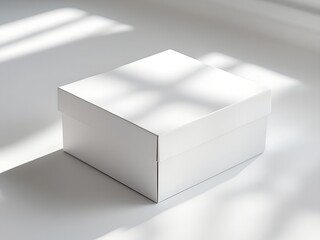 Minimal white square box mockup with soft sunlight shadows