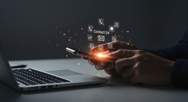 Dark hands holding smartphone displaying Contact Us icons glowing orange sparks laptop beside