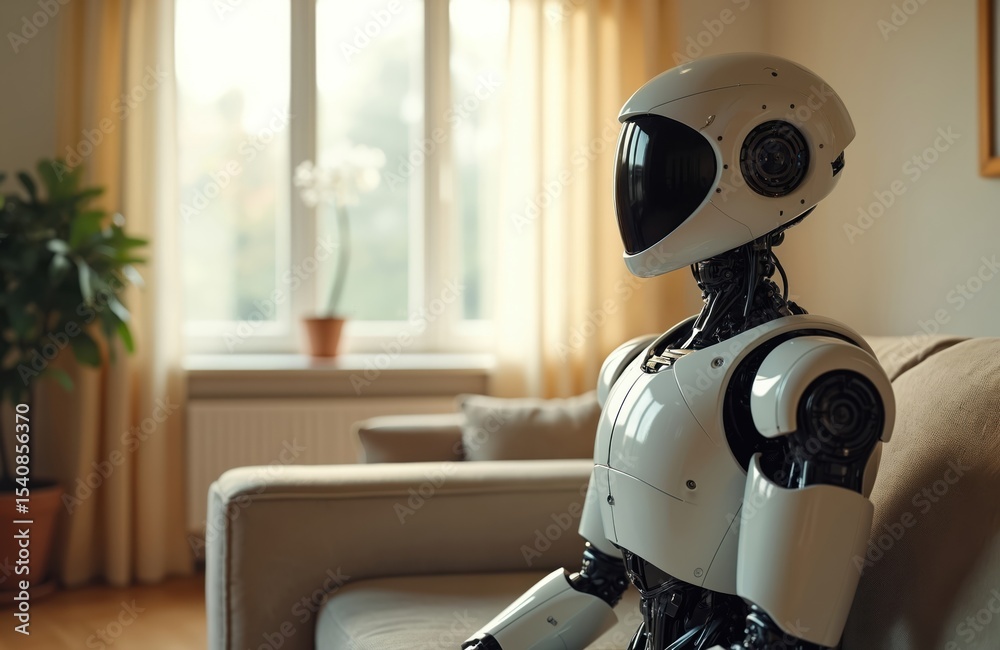 Poster Futuristic robot assistant with white helmet body sitting at home, controlling smart house system. Modern android AI tech, digital cybernetic future. Sci-fi design, isolated. Robot with black visor,