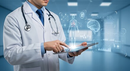 Doctor using digital tablet analyzing human anatomy and medical data