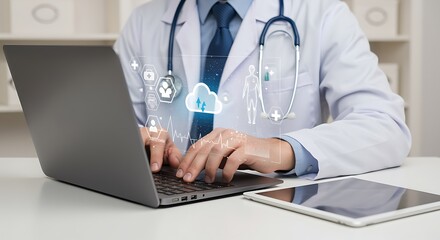 Doctor using laptop with digital health icons patient data processing