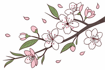 Cherry blossoms and fresh green leaves sprout from a young branch on a white background