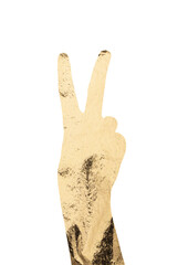 Hand showing peace and victory sign with two fingers, symbolizing love and freedom. Golden textured