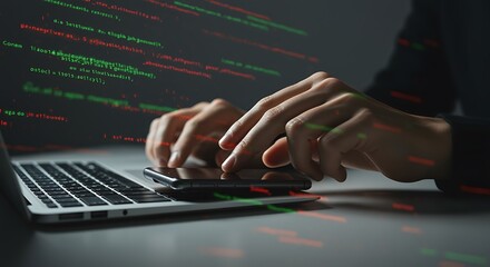 Hands Using Laptop Smartphone Coding Software Green Red