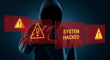 Hooded Figure Interacting with Red System Hacked Warning Alerts 1