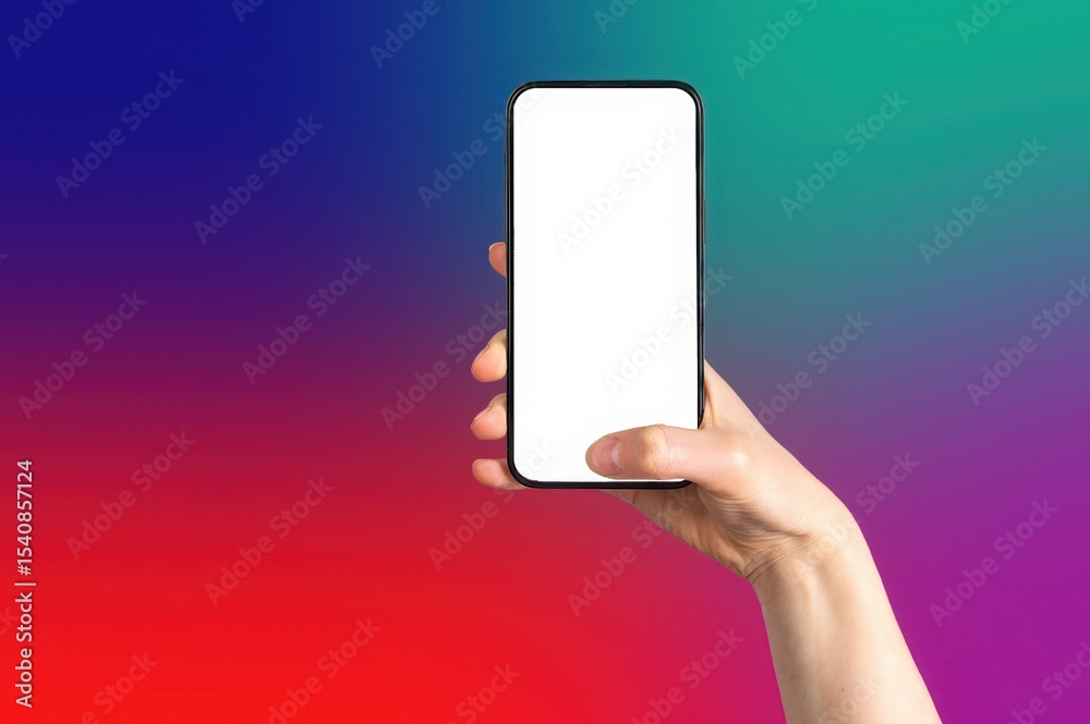 Poster holding a smartphone with screen, displaying a blank mockup. a modern device used for online