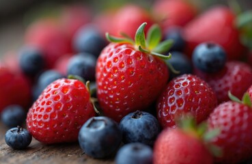 Fresh mix of strawberries and blueberries. Ripe red strawberries close-up with fresh blue blueberries. Healthy organic food, fresh harvest from garden. Vitamin rich food for healthy diet.