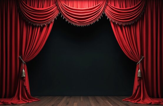 Red theater curtains open on black background. Stage curtains design, elegant interior decor. Luxurious velvet drapery with tassels. Classic design, stage, presentation event, performance, theatre,