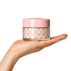 Elegant Pink Cosmetic Jar Held by Hand for Beauty Product Display