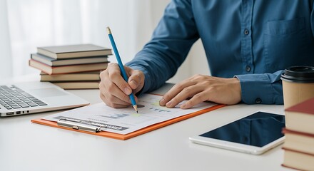 Person reviewing data charts on clipboard with blue pencil at desk