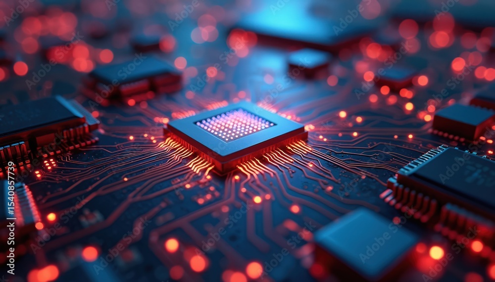 Poster Futuristic circuit board with glowing red and blue lights. Digital tech, complex electronic connections in dynamic, high-tech environment. Innovation, data processing, AI, and modern tech concepts.
