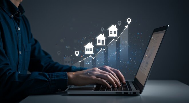 Person using laptop analyzing real estate market growth upward trend graph house icons