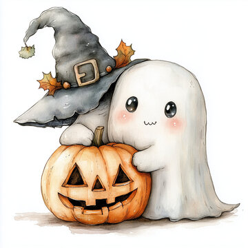A cute kawaii-style watercolor illustration halloween