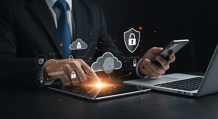 Businessperson using tablet smartphone laptop digital security cloud icons