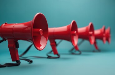 Red megaphones rowed on blue background. Communication, announcement, public address, marketing, advertising concepts. Loudspeaker tools for protests, rallies, public events, demonstrations. Speak up