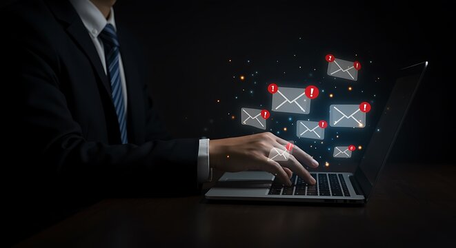 Businessperson using laptop checking email notifications dark background
