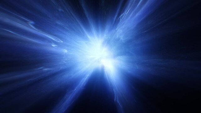 Dynamic abstract background featuring a bright, luminous blue light bursting outwards like a star or energy core, surrounded by plasma or nebula effects against a dark backdrop. 3D render