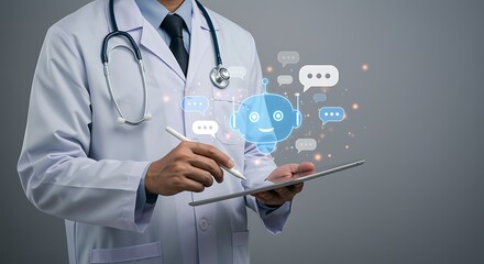 Doctor using A I chatbot on tablet for healthcare communication