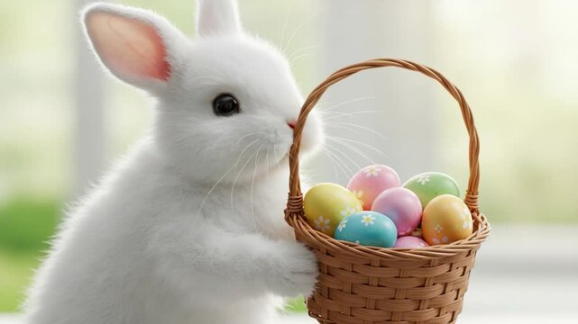 White rabbit holding easter eggs in woven basket festive spring holiday animal