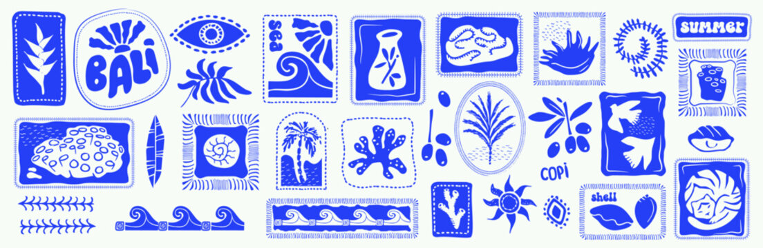 set of summer tropic blue on white  print  elements, sea, Bali coffee, tree, corals, wave, frame, palm, tiger, bird, stamp, vintage, decoration, stickers, postal, vector illustration