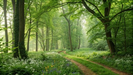 Fototapeta premium Misty Forest Path Lush Green Canopy, Winding Dirt Road, Wildflowers, Landscape Photography Forest photography, nature photography