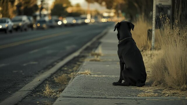 Black Dog Sitting Alone on Sidewalk at Sunset for Pet Adoption Awareness and Urban Loneliness Concepts