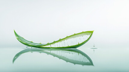Naklejka premium Fresh cut aloe vera leaf with one drop of gel ready to fall, on a white reflective surface. Copy space, place for text, banner