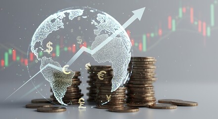 Global Financial Growth Gold Coins Currency Symbols Stock Market Graph