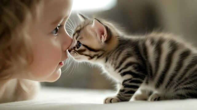Young child and kitten touching noses while playing indoors  