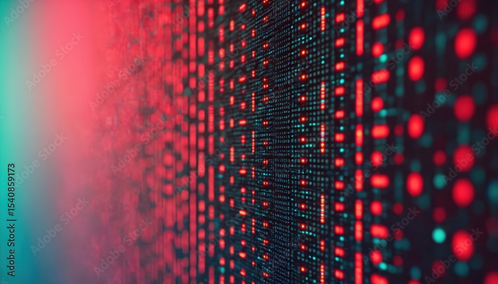 Leinwandbilder Abstract technology background. Digital screen with red and teal dots, futuristic design. Glowing led tv pattern with binary code overlay. Modern tech, communication and data concept.