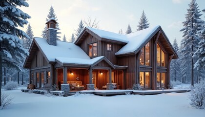 Illustration rustic winter cabin. Snow-covered wood exterior, large windows, modern design. Winter forest landscape, evergreen trees, covered snow, cozy warm interior lights. Winter holiday season.