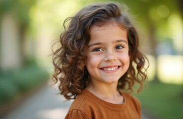 Smiling girl portrait. Brown hair, eyes, brown shirt. Happy child outdoors. Joyful kid with curly hair laughs at sunny park. Beautiful, cute female kid with white teeth, happy expression in nature.