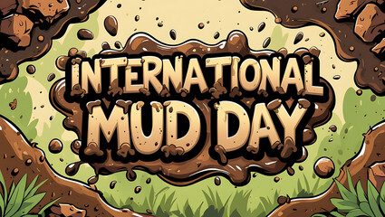 International Mud Day Text Banner Typography with Mud Splashes and Natural Mud Elements