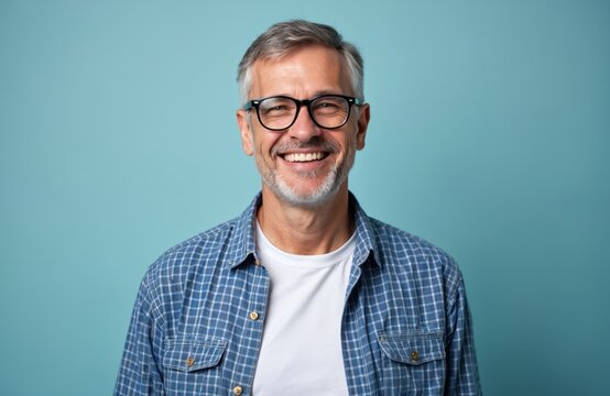 Happy senior man wears glasses poses studio. Mature older male model with grey hair smiles. Elderly person in casual attire enjoys life. Cheerful, confident face, positive mood. Portrait, isolated on