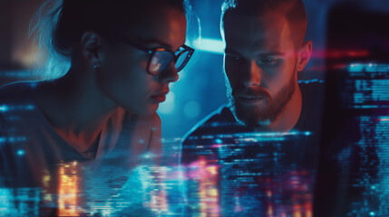 Two tech professionals working together and analyzing code on a screen with vibrant digital data overlay.
