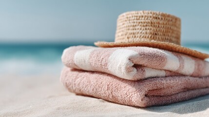 A beach towel and a straw hat are laying on the sand