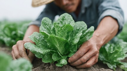 A man is tending to a garden of lettuce