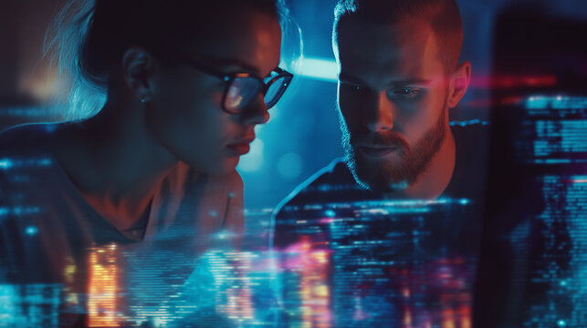 Two tech professionals working together and analyzing code on a screen with vibrant digital data overlay.
- Powered by Adobe