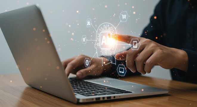 Person using laptop interacting with A I concept holographic projection - Powered by Adobe