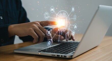 Person using silver laptop A I digital network interface