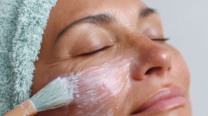 A woman is applying a cream to her face with a brush
