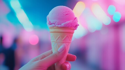 A hand holding a pink ice cream cone