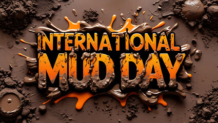 International Mud Day Text Banner Typography with Mud Splashes and Natural Mud Elements