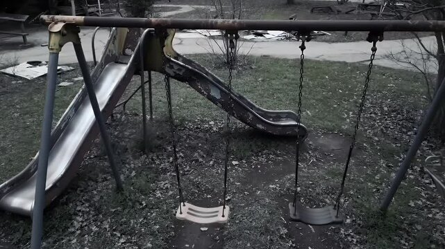 Abandoned playground with rusty metal slide and swings in monochrome style