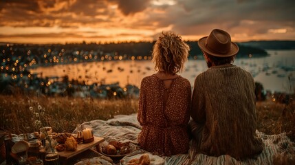 A couple is sitting on a blanket overlooking a body of water