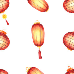  Seamless pattern of traditional Chinese lanterns. Red round and oval paper lanterns with warm glow, arranged diagonally on a white background. Hand-painted watercolor illustration.
