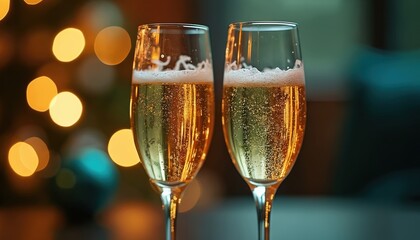 Close-up of champagne glasses clinking during toast. Two glasses with champagne at retirement celebration. Festive atmosphere. Cheers, congratulating, celebrating, toasting special event or occasion.