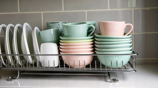 Neatly arranged colorful ceramic mugs and bowls stacked on white shelf in bright kitchen setting